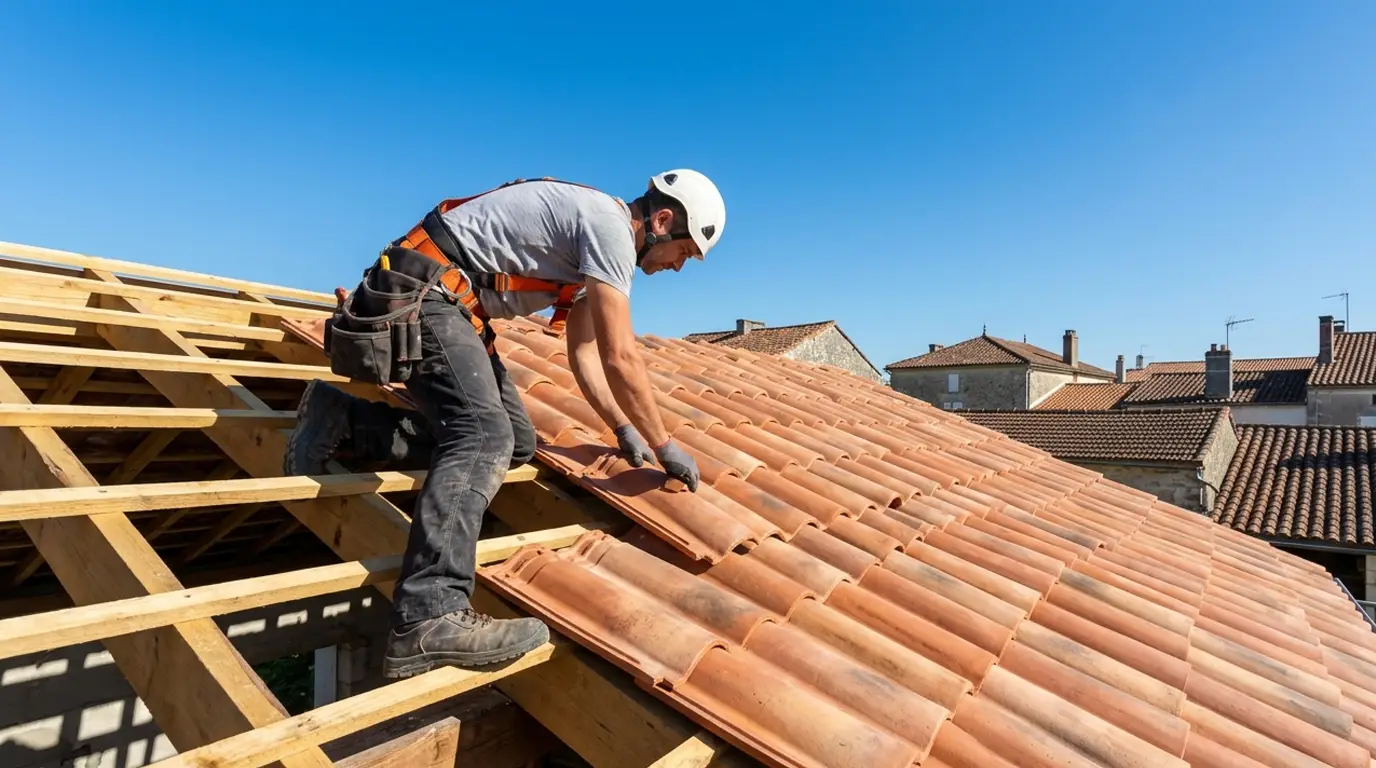 Chantier de réfection de toiture et pose de tuiles à Melle